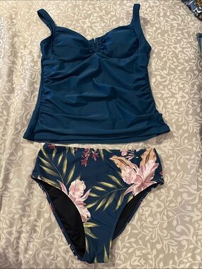Cupshe Navy Tankini with Pink Floral High-Waist Bottoms